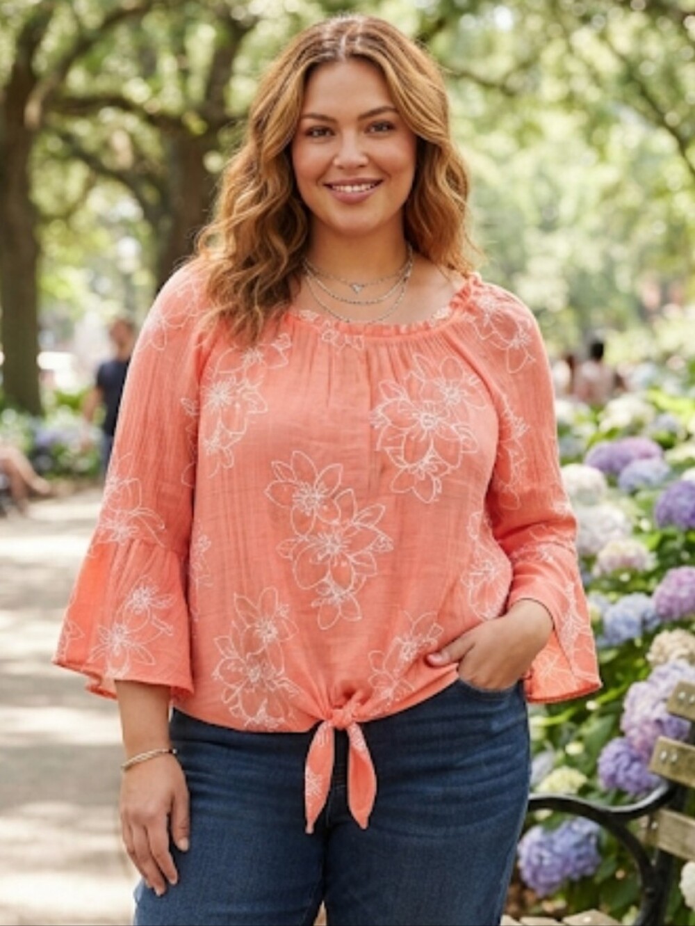 AB Studio Women’s Coral Floral Peasant Top with Tie Front Flowly Sleeves